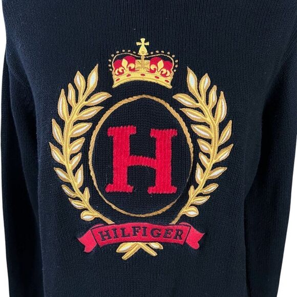 Vintage Y2K Tommy Hilfiger Women Embroidered Crest Turtleneck Sweater Black Sz S - Picture 4 of 9